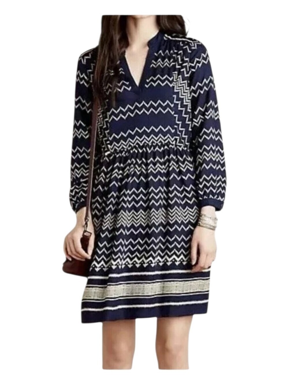 Holding Horses Womens Navy Blue Chevron Print Western V Neck Dress Medium